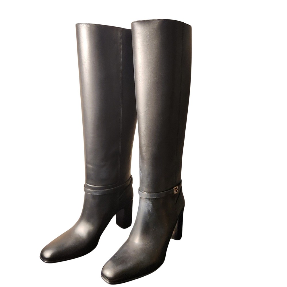 Ralph Lauren Knee High Boots Womens 38.5 Black Leatherโ RL Logo Block Heel Italy